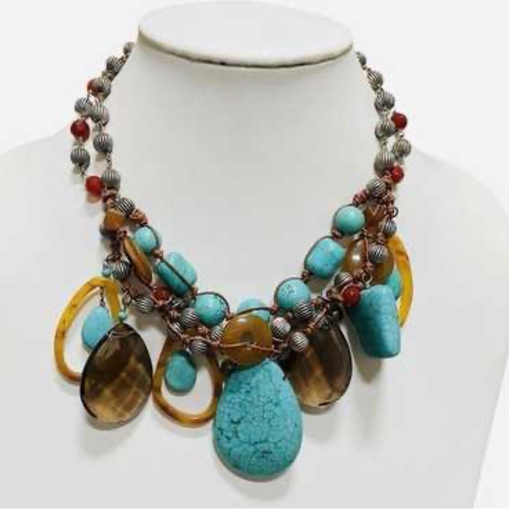Chico’s Turquoise and Amber Statement Necklace  & Clip- On Earrings